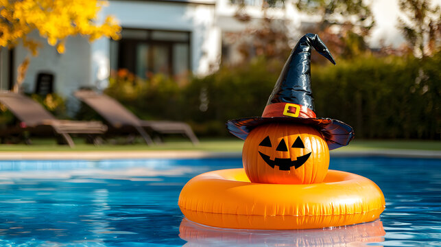 A Halloween pumpkin in a witch's hat on an inflatable beach ring in a pool against the backdrop of a private home on a clear day