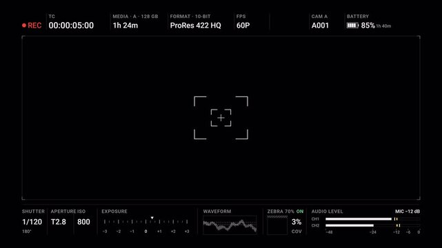 Professional Camera HUD Overlay with Timecode, Exposure, Waveform, Zebra and Audio Monitoring Data. Technical Camera Viewfinder Interface with Recording Data. 4K Transparent