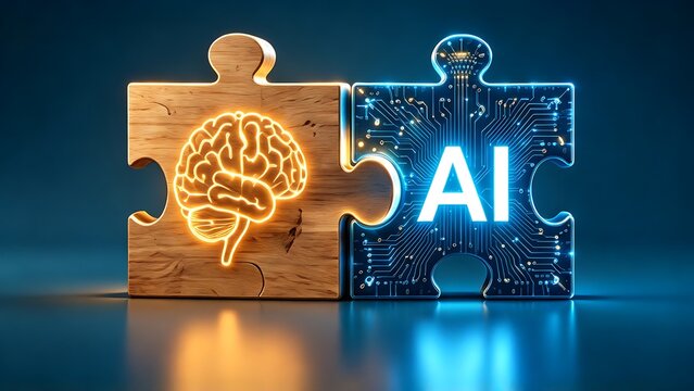 Artificial intelligence and human mind synergy concept with two glowing jigsaw puzzle pieces representing biological brain and digital AI circuitry on a dark blue reflective background