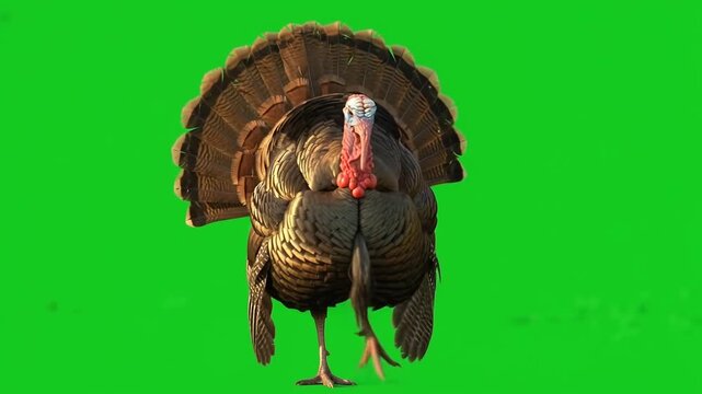 Wild turkey strutting and fanning feathers on green screen