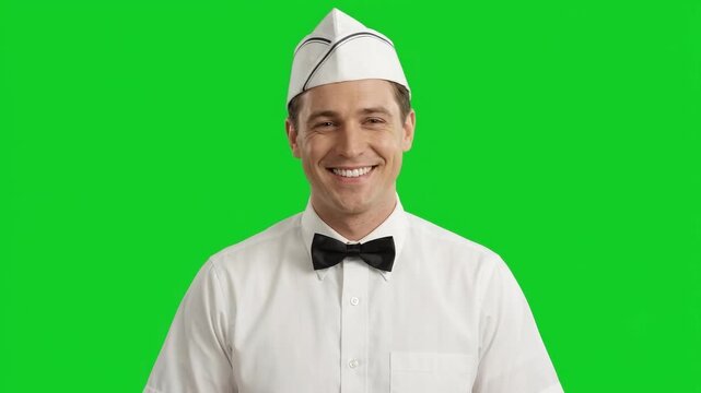 1950s soda fountain server smiling and nodding on green screen