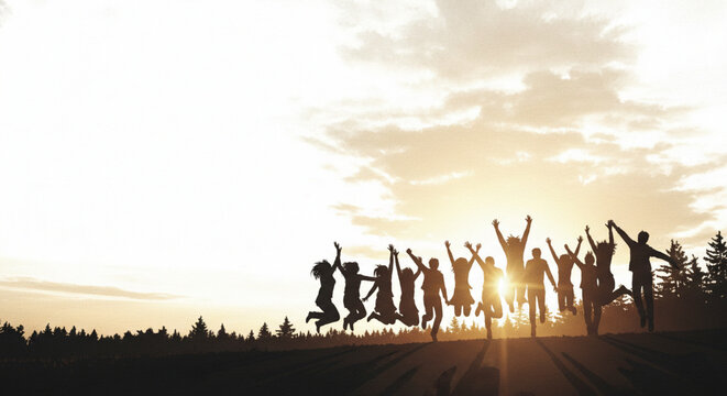 Silhouette of a diverse group of friends jumping joyfully in the air against a golden sunset sky with clouds and trees