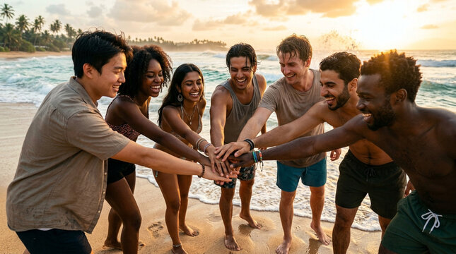 Diverse friends in unity on tropical beach at sunset