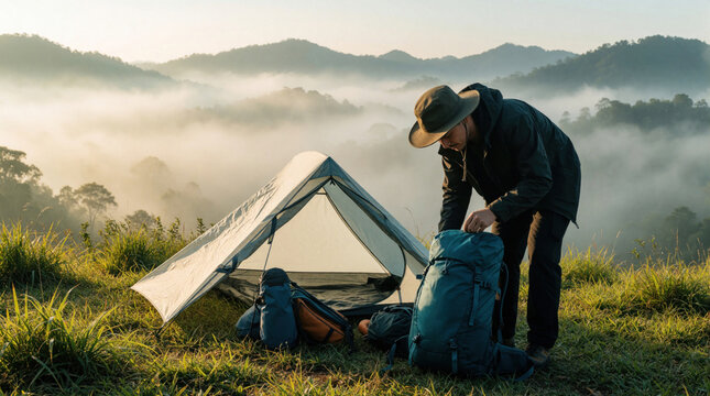 Man packs large hiking backpack near camping tent on mountain top. Lone camper prepares gear for trek in misty hills. Outdoor adventure lifestyle during sunrise in nature. Male traveler organizes