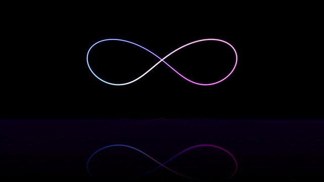 Glowing neon gradient infinity symbol loop with reflection on dark glossy surface