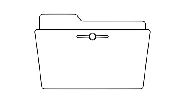Black outline vector icon of a file folder with raised tab and center clasp fastener showing round button on slotted bar drawn with thin black lines in stable frontal composition for archival storage