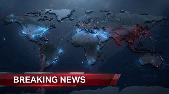 Dramatic news broadcast background with world map and breaking news ticker