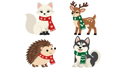 Obraz premium Cute retro Christmas set of four winter baby animals wearing festive red green scarves including arctic fox reindeer hedgehog and husky dog isolated on white background for holiday kids decor
