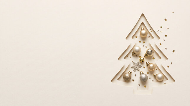 Minimalist christmas tree made of ornaments and golden confetti on a white background