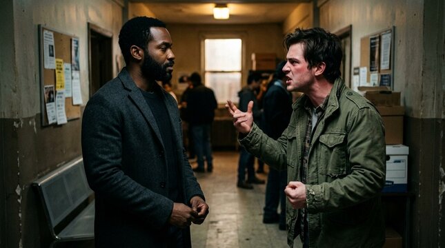 Two men arguing in a dimly lit hallway, tense conversation