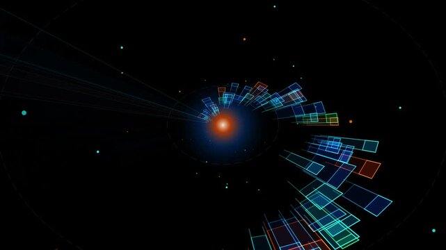 Glowing orange energy sun core surrounded by rotating futuristic wireframe grid blocks in space