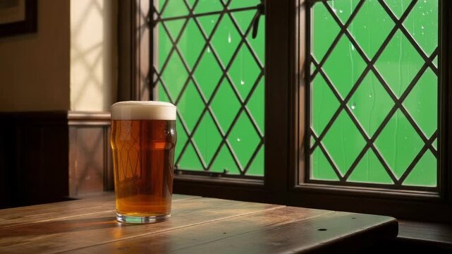 Pint of ale on pub table with rain running down green screen window