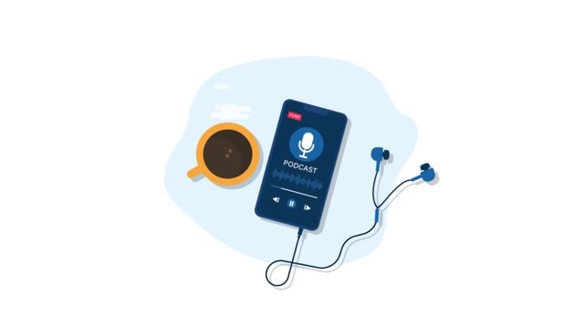 Animated Smartphone Playing Podcast with Coffee Cup and Earphones 
