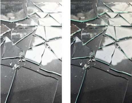 Broken glass shards on a dark background with a matching transparent overlay, realistic shattered glass texture and sharp fragments