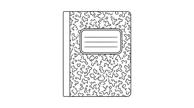 Black outline vector icon of a student composition notebook with marbled cover pattern, left spine and label with three lines drawn with thin uniform lines centred on white surface for study
