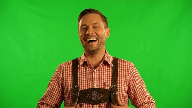 Cheerful man in traditional lederhosen laughing on green screen