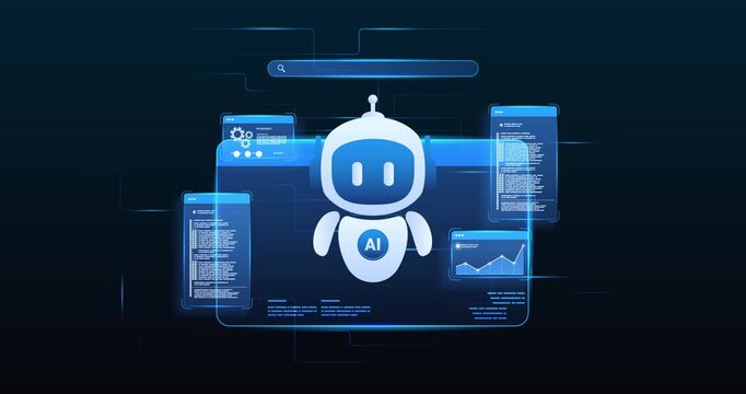 Futuristic AI agent workflow automation interface with ai agent assistant, coding panels and data analytics dashboard, looped animation