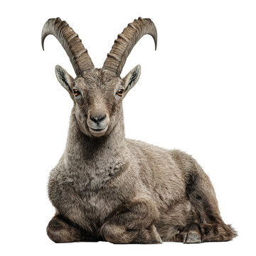 Close-Up of a Mountain Goat with Curved Horns.