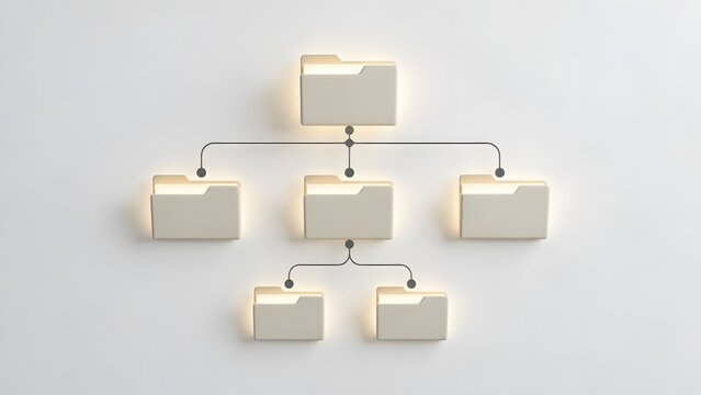 Hierarchical structure of digital folders connected by lines representing organization and data management on a white background with soft lighting