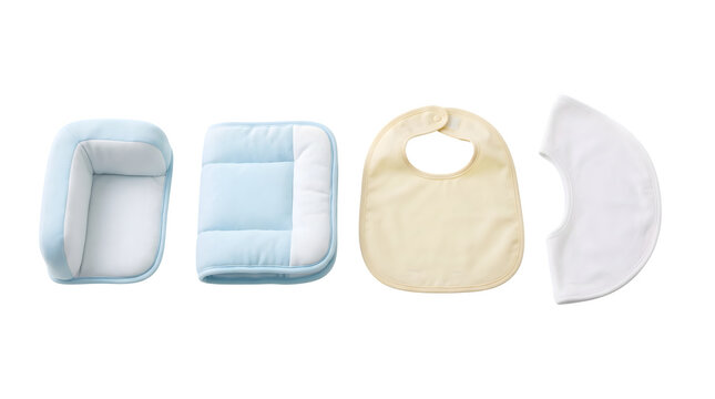 Pastel baby bib and padded strap covers, soft blue and cream infant textile accessories, newborn nursery essentials set on white background