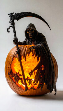 A detailed carved pumpkin featuring a silhouette of the Grim Reaper holding a scythe