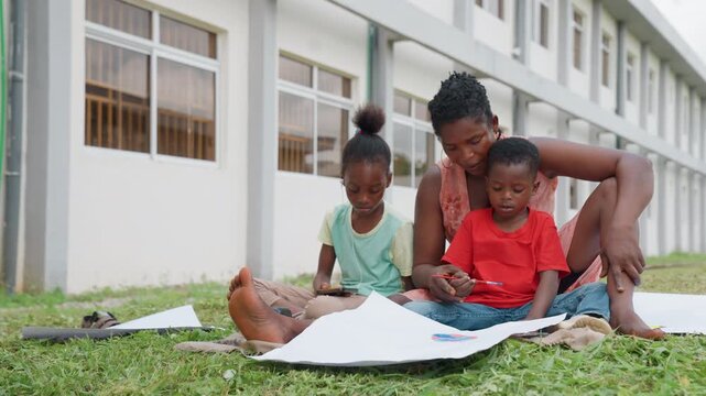 Woman and two children sit outdoors painting together. adult guides kids as they draw with crayons or markers on paper spread over green grass near building
