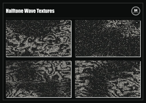 Halftone wave textures collection with grunge stipple grain noise effects and dotted marble patterns for modern graphic design overlays and backgrounds