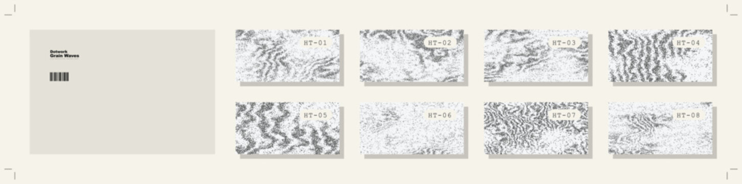 Abstract Dotwork Grain Waves Vector Textures Set Featuring Distorted Halftone Noise Wavy Sand Ripple Patterns for Modern Poster and Packaging Background Design