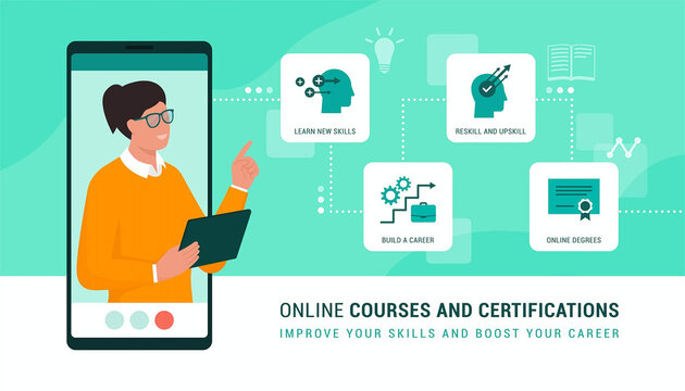 Modern educational vector illustration of modular learning cards, a mobile device, a video lesson, and a learning progress pathway for online education and professional training.