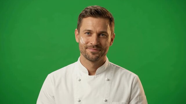 French baker in white uniform smiling and nodding on green screen