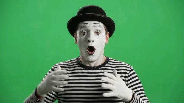 Mime artist acting surprised and expressing shock on green screen
