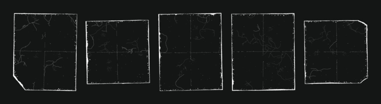 Set of Grunge Film Frame Textures with Scratches and Dust Isolated on Black Background for Vintage Photo Effects and Retro Cinematic Overlay Design