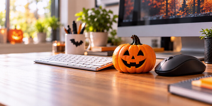 Lachender Halloweenk&uuml;rbis neben Tastatur und Computermaus auf herbstlich dekoriertem Schreibtisch im B&uuml;ro