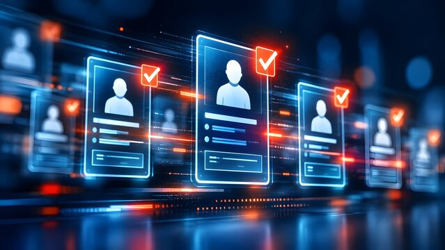 Digital human resources database with profiles and checkmarks representing recruitment and selection in a modern technology interface