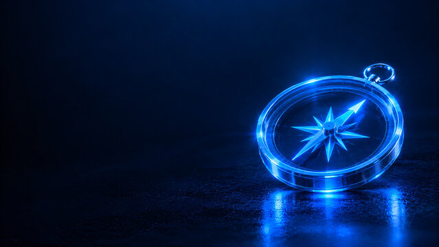Glowing blue glass compass pointing direction on dark navy background, guidance, navigation and strategy concept