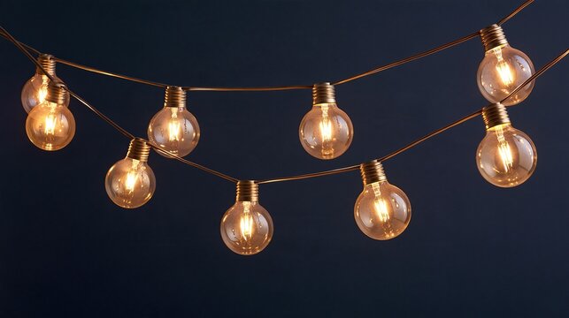String of glowing warm Edison filament bulbs on bronze wire against solid dark blue background cozy festive decorative outdoor lighting concept