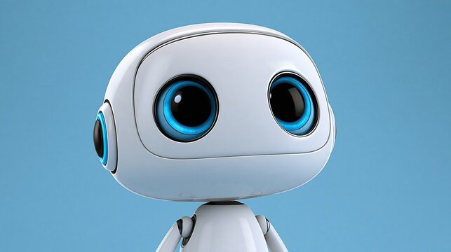 Cute 3d rendered friendly small robot character with big blue eyes on solid light blue background artificial intelligence future technology concept