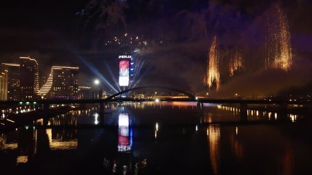 Fireworks, Brankov Bridge and Belgrade water front during national holiday, Belgrade, Serbia. g2.