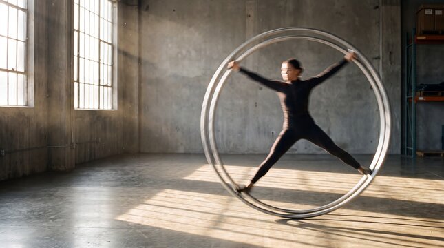 Performer Spinning Inside Large Metal Cyr Wheel on Warehouse Floor