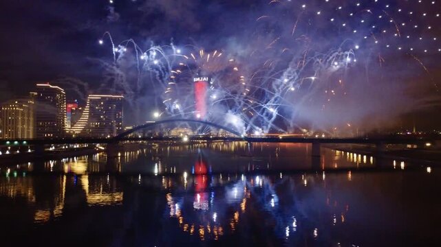Fireworks, Brankov Bridge and Belgrade water front during national holiday, Belgrade, Serbia. g2.