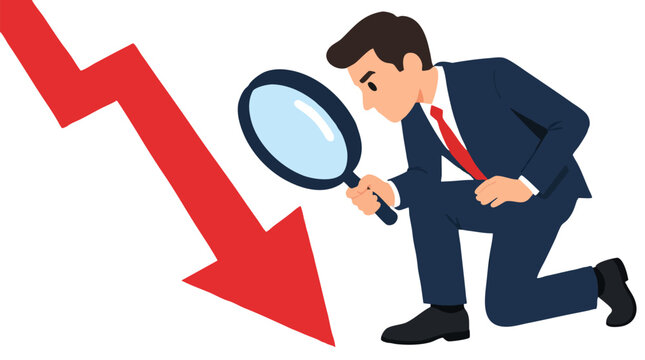 Businessman in suit kneeling with magnifying glass closely examining large red downward arrow symbolizing financial loss, market crash and economic downturn concept in flat vector style