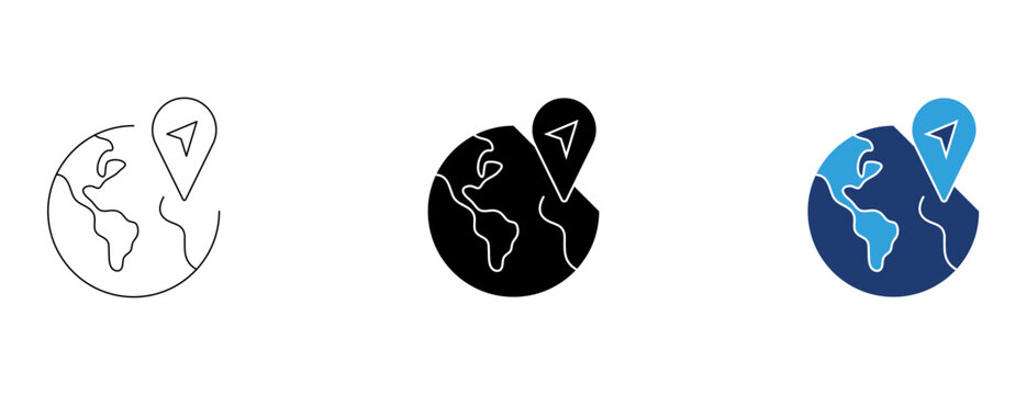 Global location and world map pin icon set featuring outline, solid, and colored duotone styles for travel and navigation interfaces.