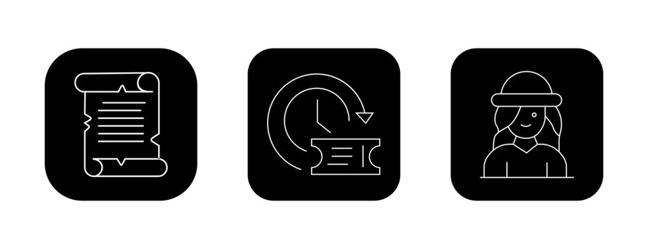Dark mode UI icon set featuring document scroll, ticket history, and female user avatar outline symbols.