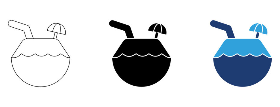 Tropical coconut drink icon set featuring outline, solid, and colored duotone styles for summer vacation and beach bar menus.