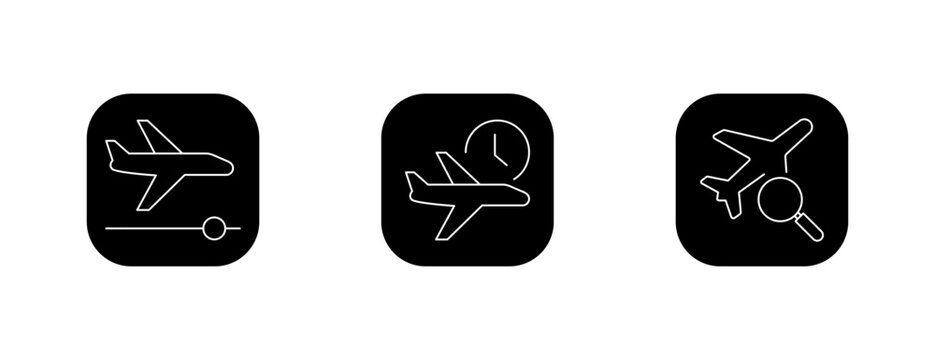 Flight tracking and search app icon set featuring airplane outline symbols on solid black backgrounds.