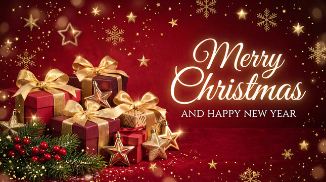 Festive christmas presents and decorations with sparkling lights and a holiday greeting