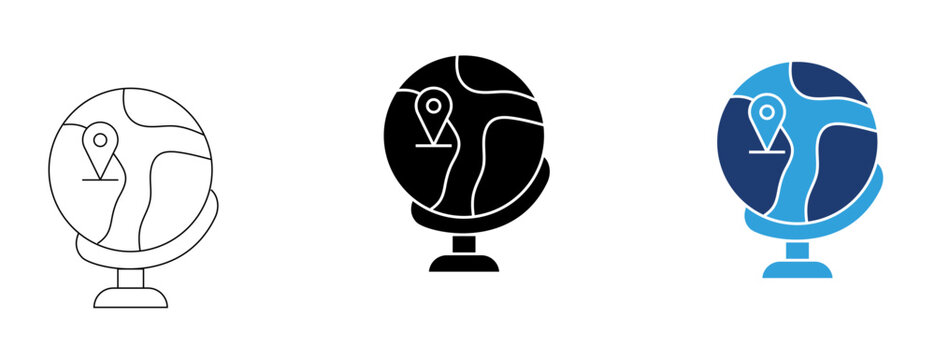 Global travel destination and location pin icon set featuring outline, solid, and colored duotone styles for navigation and map interfaces.