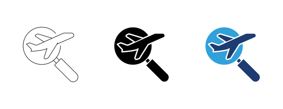 Title: Flight search and travel booking icon set featuring outline, solid, and colored duotone styles for aviation and agency interfaces.