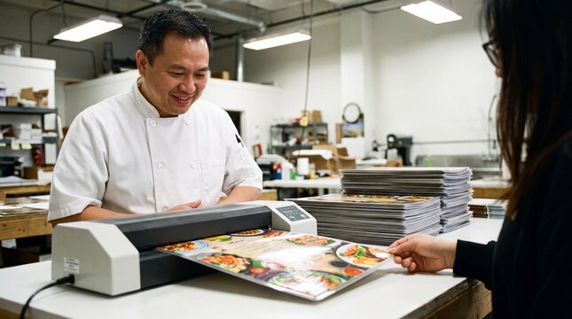 Restaurant Owner Feeding Menus Through Laminator at Local Print Shop