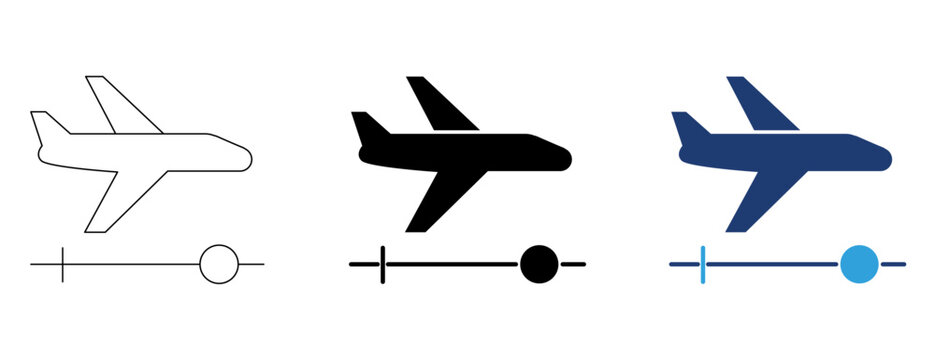 Flight progress and airplane travel icon set featuring outline, solid, and colored duotone styles for aviation and booking interfaces.